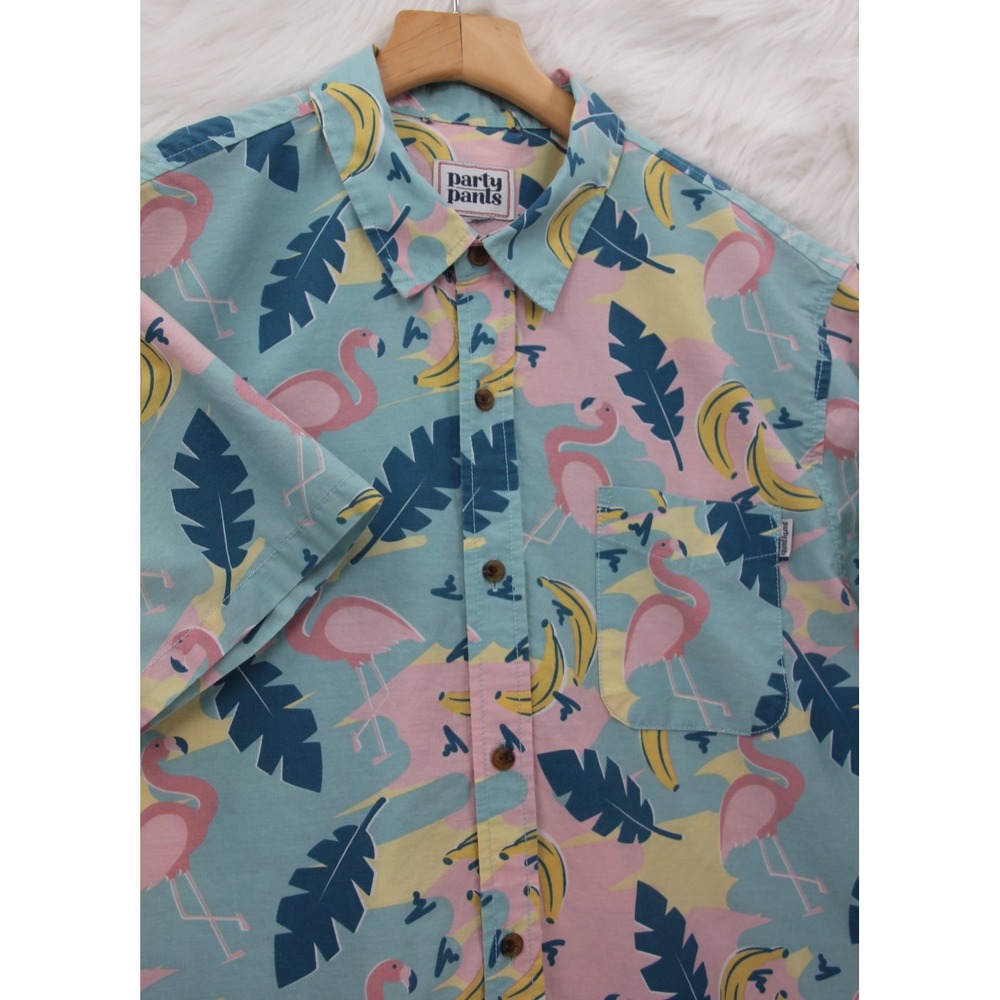 Vintage Party Pants SZ Large Hawaiian Shirt Blue Flamingo Banana Single Stitch